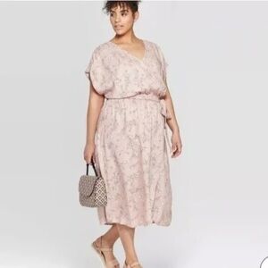 Ava & Viv Pink Floral Flutter Sleeves Tie Waist Crossover Dress in Size X (14W)
